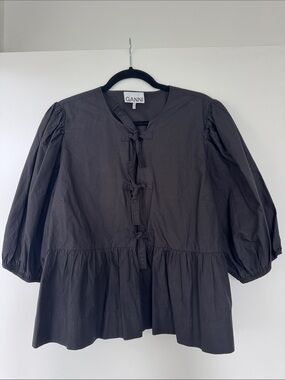 Ganni Black Poplin Tie-Front Peplum Top with Puff Sleeves - Size 44